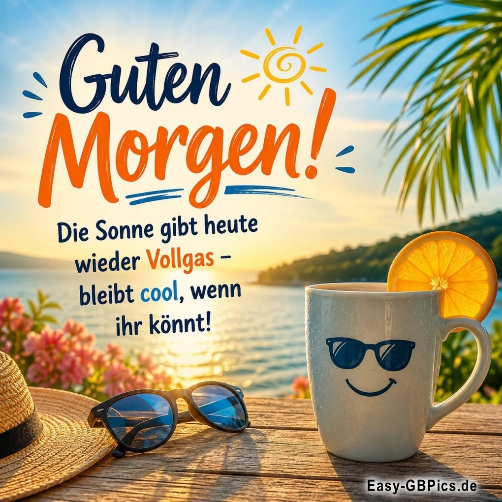 Guten Morgen! Genießt die Sonne. Ein sonniges Guten Morgen wünscht euch euer Morgenkaffee.<br />
Sommer, Sonne, gute Laune. Auf einen tollen Tag! Guten Morgen! Zeit für einen Drink am Meer.