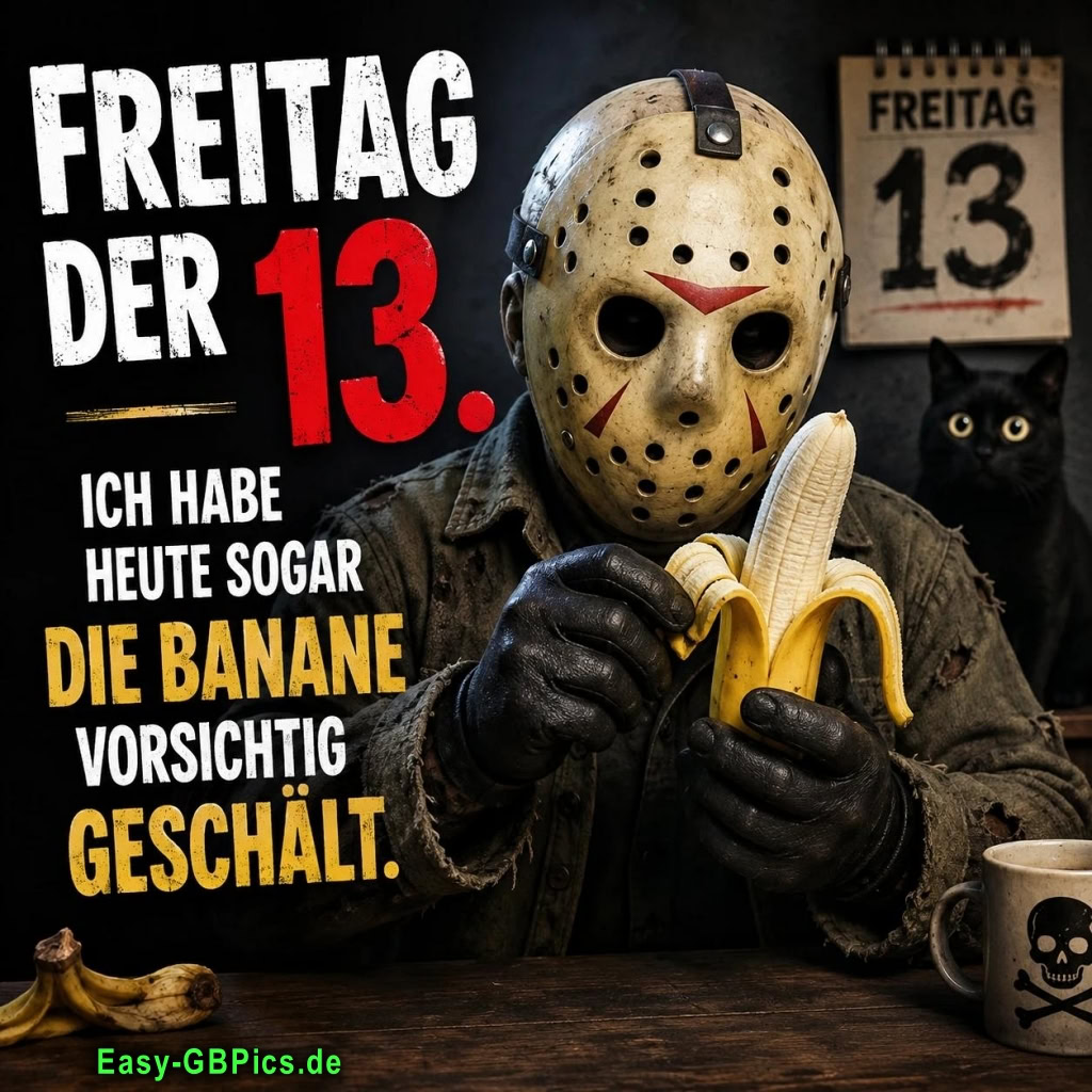 Ein Mann mit einer Jason-Maske schält vorsichtig eine Banane, während ein schwarzer Kater im Hintergrund sitzt. Der Text besagt 