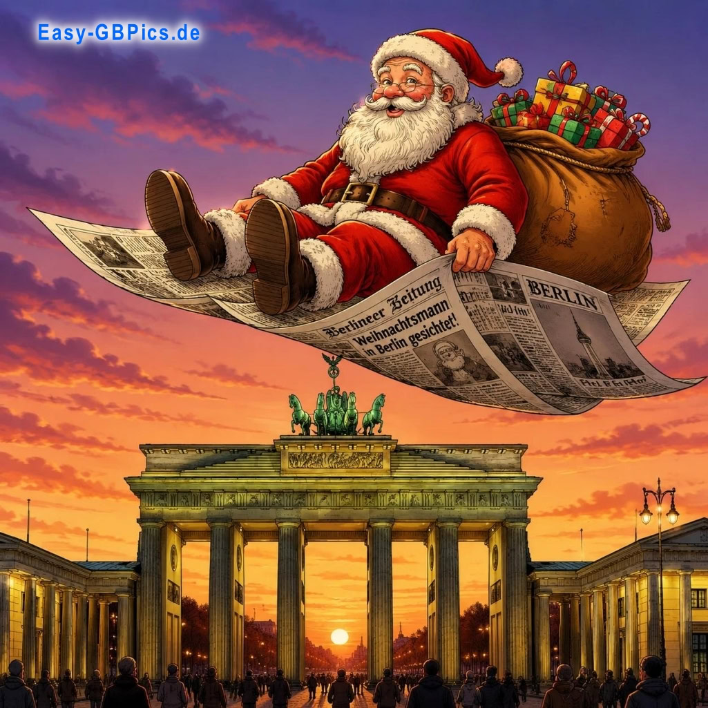 Die Schlagzeilen der Weihnachtsnacht, Santa auf Sightseeing-Tour am Brandenburger Tor, fröhliche Feiertage von der Spree!<br />
Der Weihnachtsmann landet in der Hauptstadt, Weihnachtsgrüße aus Berlin!
