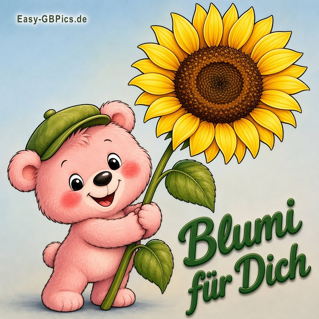 Blume für dich. Bring dir ein Lächeln mit diesem süßen Bären und Sonnenblume.