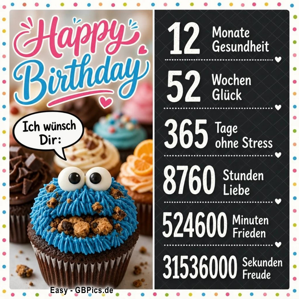 Happy Birthday! Hier sind meine Wünsche für dich, gezählt in… Ein süßer Geburtstagsgruß mit den schönsten Wünschen! Alles Gute zum Geburtstag! Möge dein neues Lebensjahr voller Freude und Glück sein.