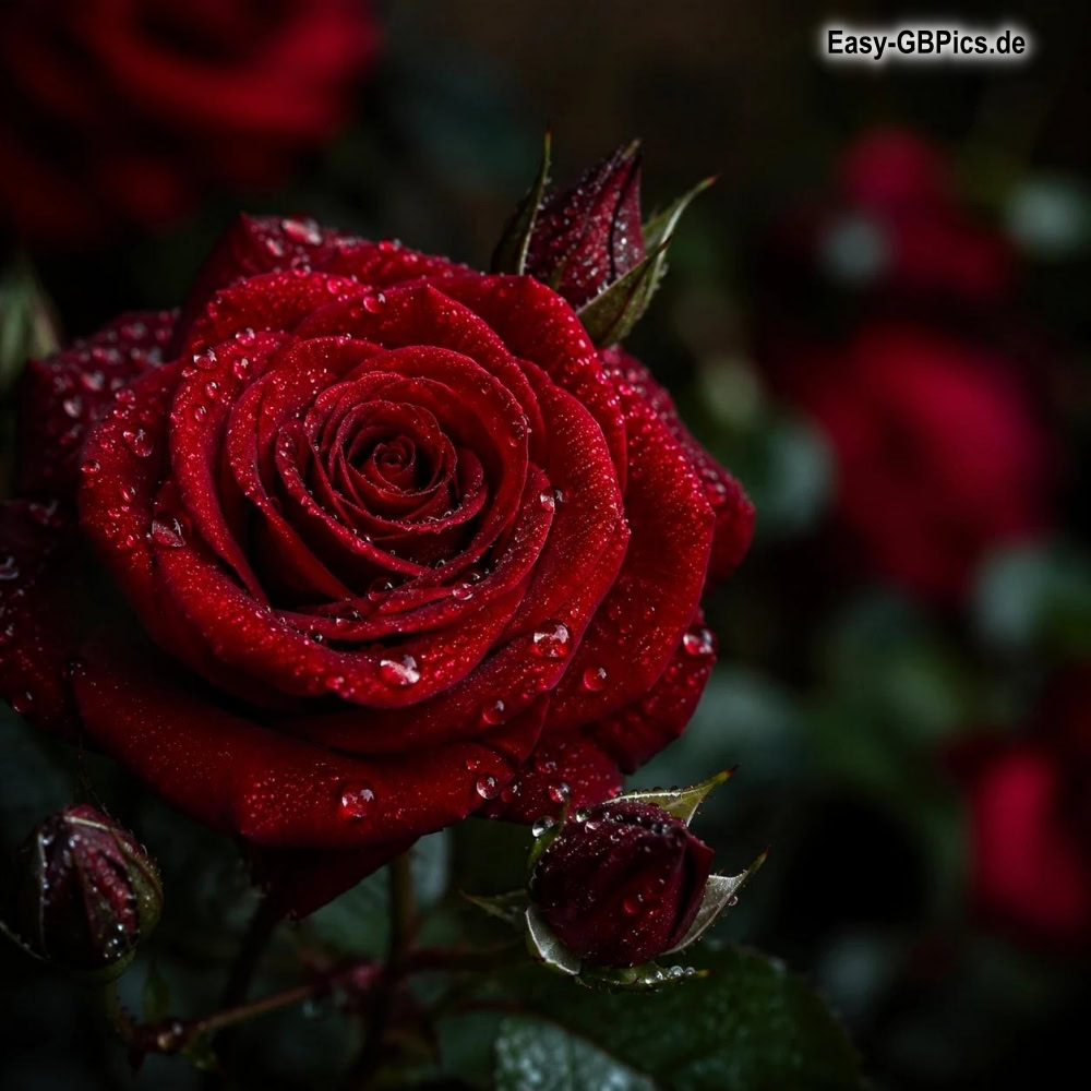 Tautropfen auf Samt: Eine rote Rose im Abendlicht.