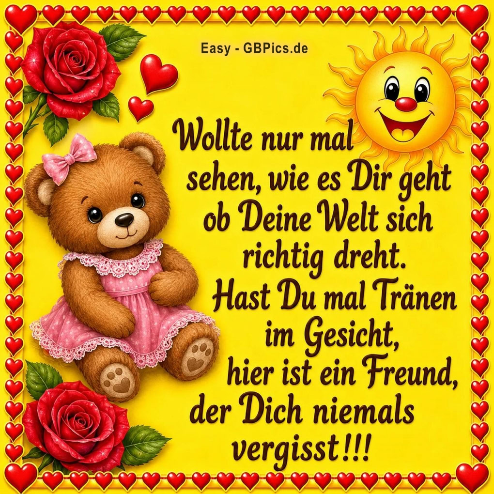 Wollte nur mal sehen, wie es Dir geht ob Deine Welt sich richtig dreht. Hast Du mal Tränen im Gesicht, hier ist ein Freund, der Dich niemals vergisst!!!