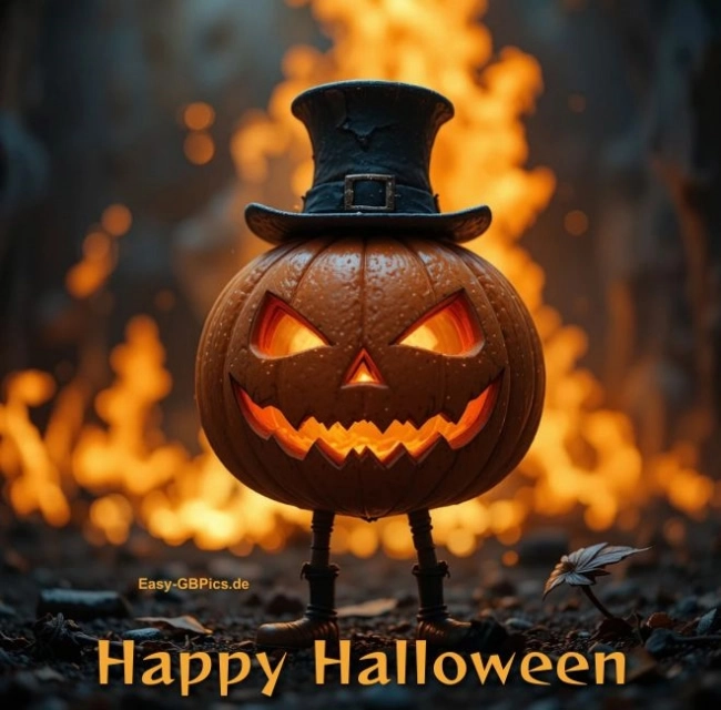 Ein leuchtend orangefarbener Kürbis mit einem frechen Gesicht und einem kleinen Zylinder steht vor einem feurigen Hintergrund, auf dem in grüner Schrift „Happy Halloween“ steht.