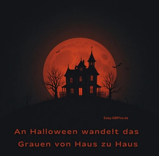 Eine gruselige Halloween-Szene mit einem unheimlichen Schloss auf einem Hügel unter einem großen, leuchtend roten Mond. Der Himmel ist dunkel, mit unheimlichen kahlen Bäumen und umherfliegenden Fledermäusen.  Der Halloween - Spruch heißt: An Halloween wandelt das Graven von Haus zu Haus.