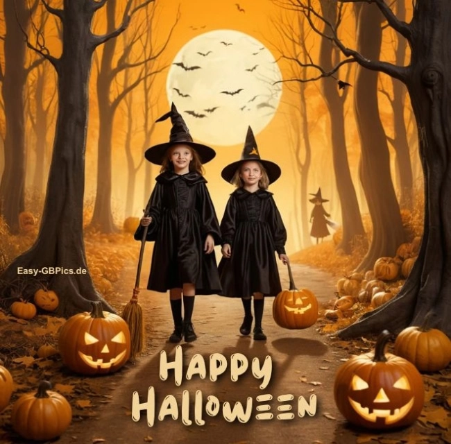 Zwei Kinder in Halloween-Kostümen stehen auf einem Waldweg. Im Hintergrund saust eine Hexe auf einem Besen vorbei. Der Boden ist mit geschnitzten Kürbissen übersät, die Bäume sind in warmes orange-gelbes Licht getaucht. „Happy Halloween“ steht in fetten gelben Buchstaben.