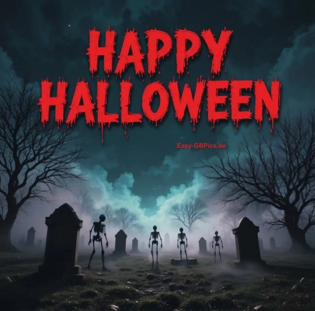 Eine gruselige Friedhofsszene bei Nacht mit gruseligem Nebel und gruseligen Skeletten. Der Himmel ist dunkel, im Hintergrund sind Grabsteine und gruselige kahle Bäume zu sehen. Oben stehen in Rot die Worte „HAPPY HALLOWEEN“.
