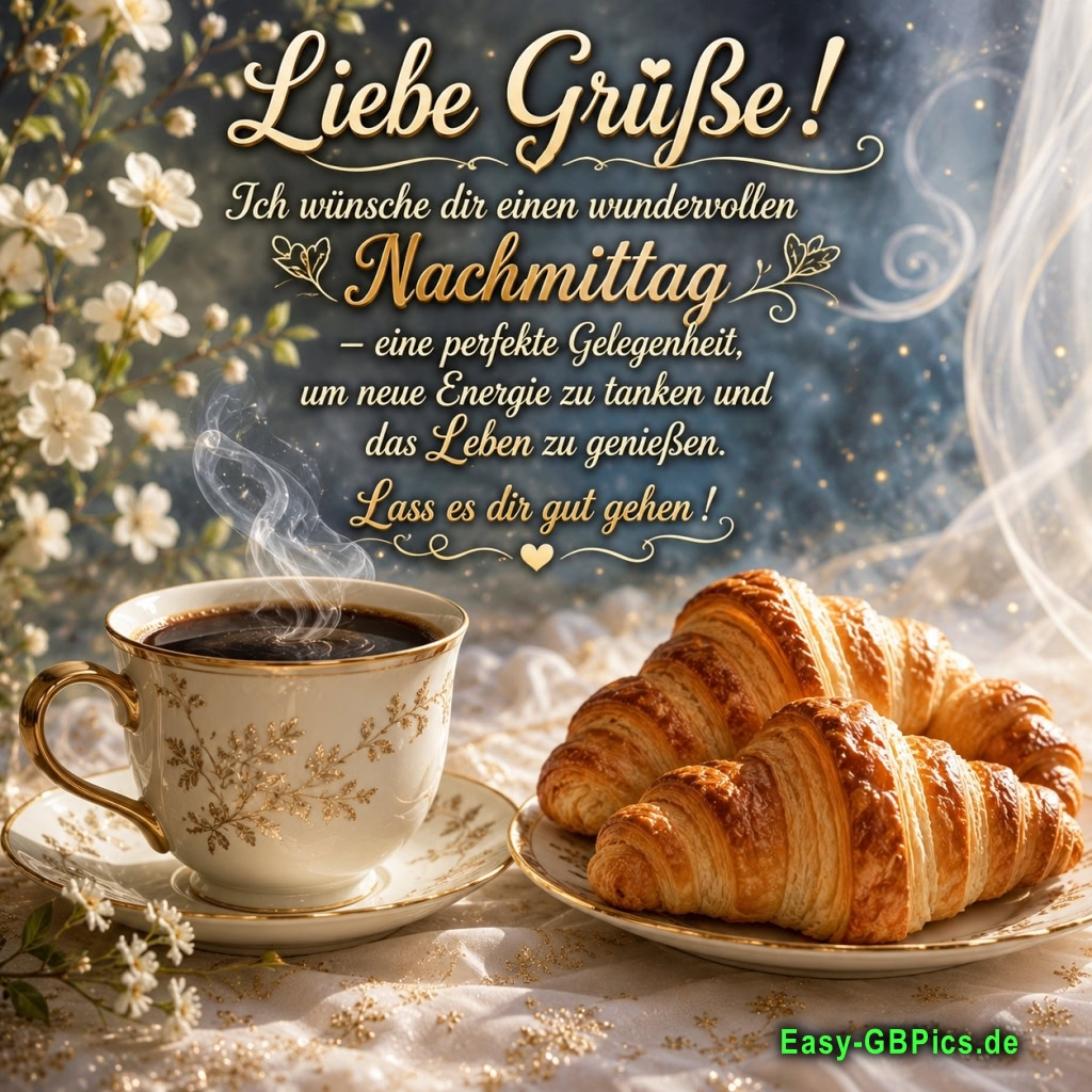 eine perfekte Gelegenheit, um neue Energie zu tanken und das Leben zu genießen. Lass es dir gut gehen !<br />
Ein perfekter Nachmittag: Kaffee, Croissants und gute Gedanken. Genieße die Ruhe und tanke neue Energie !<br />
Schönen Nachmittag und lass es dir gut gehen !