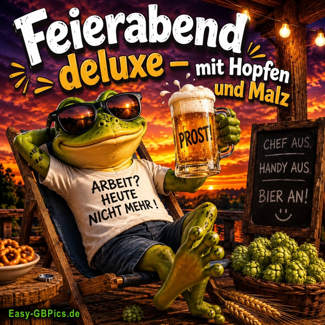 Arbeit? Heute nicht mehr ! Frosch mit Bier und ultimativer Feierabend-Vibes. Prost! Dieser Frosch kennt den wahren Sinn des Lebens – Bier und Ausruhen, wenn der Frosch so entspannt ist, dann ist es Zeit für Feierabend.<br />
Mein Motto des Tages: Chef aus, Handy aus, Bier an !