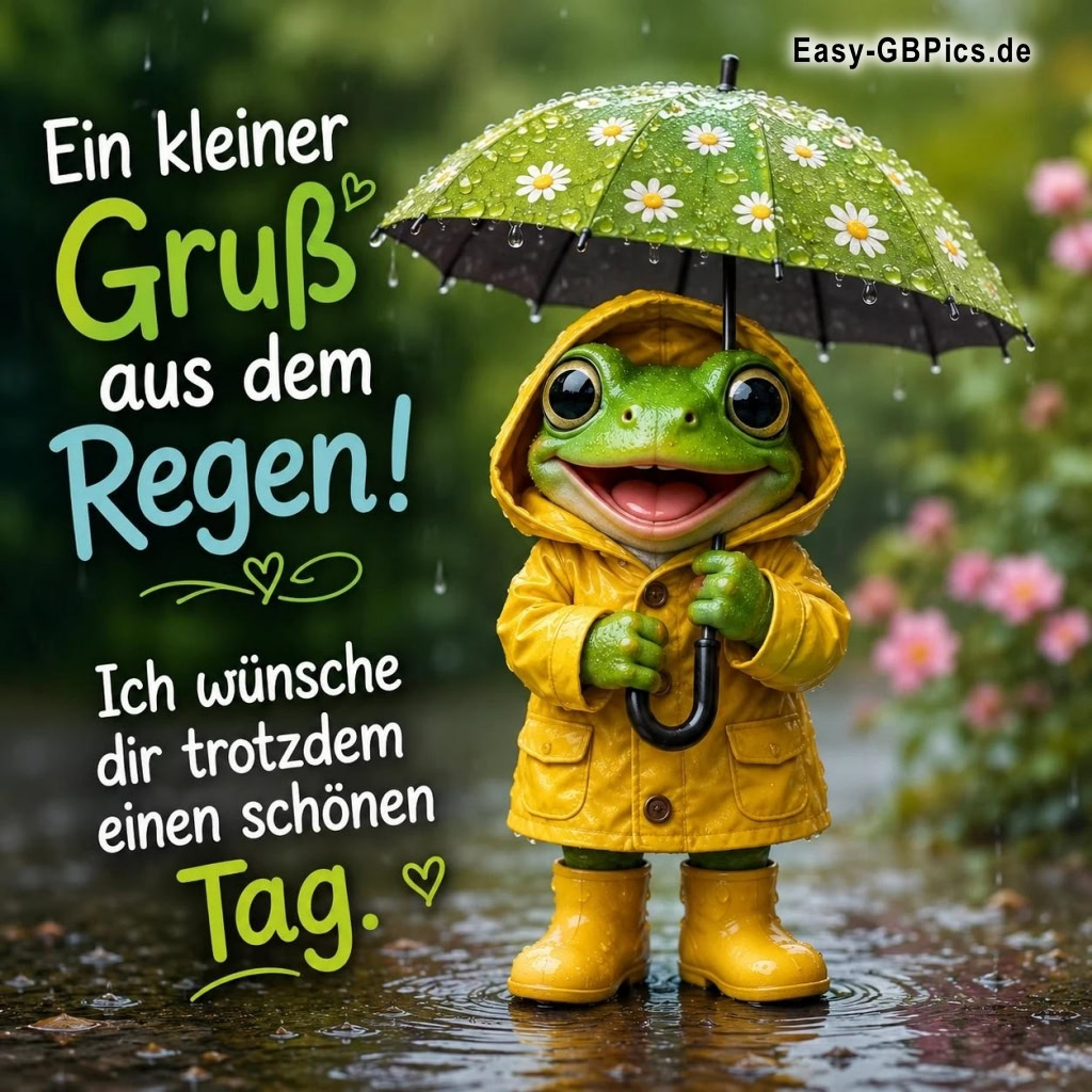 Auch bei Regen einen wunderschönen Tag! Diese Frosch-Freundschaft wünscht dir einen tollen Tag!<br />
Regenzeit ist Kuschelzeit – und ich schicke dir einen sonnigen Gruß!<br />
Mit Schirm und Charme: Ein fröhliches Hallo bei jedem Wetter!