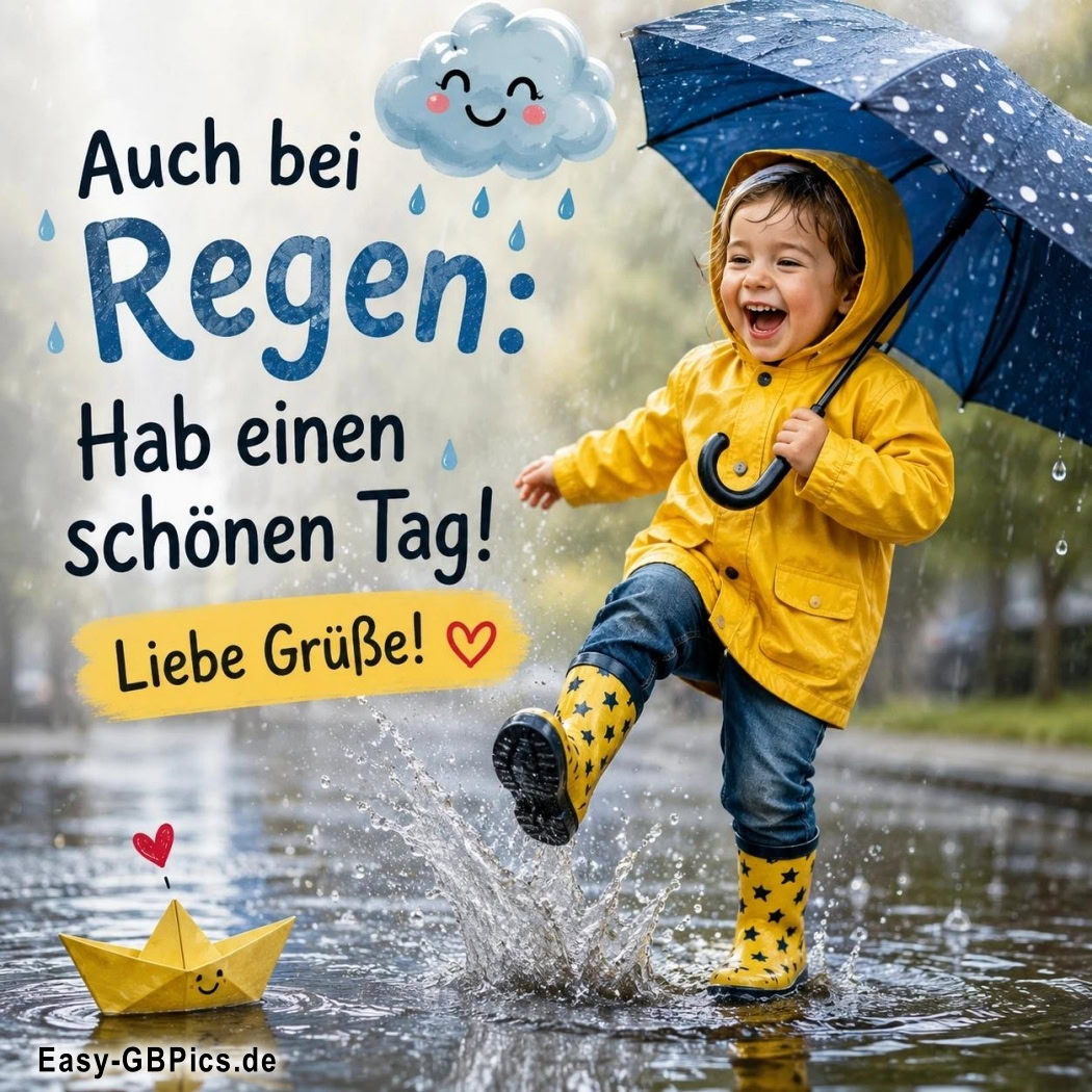 Regenwetter kann so viel Spaß machen! Kindheitserinnerungen im Regen.<br />
Gelbe Gummistiefel und glückliche Spritzer. Regen, Sonne und Kindheit.