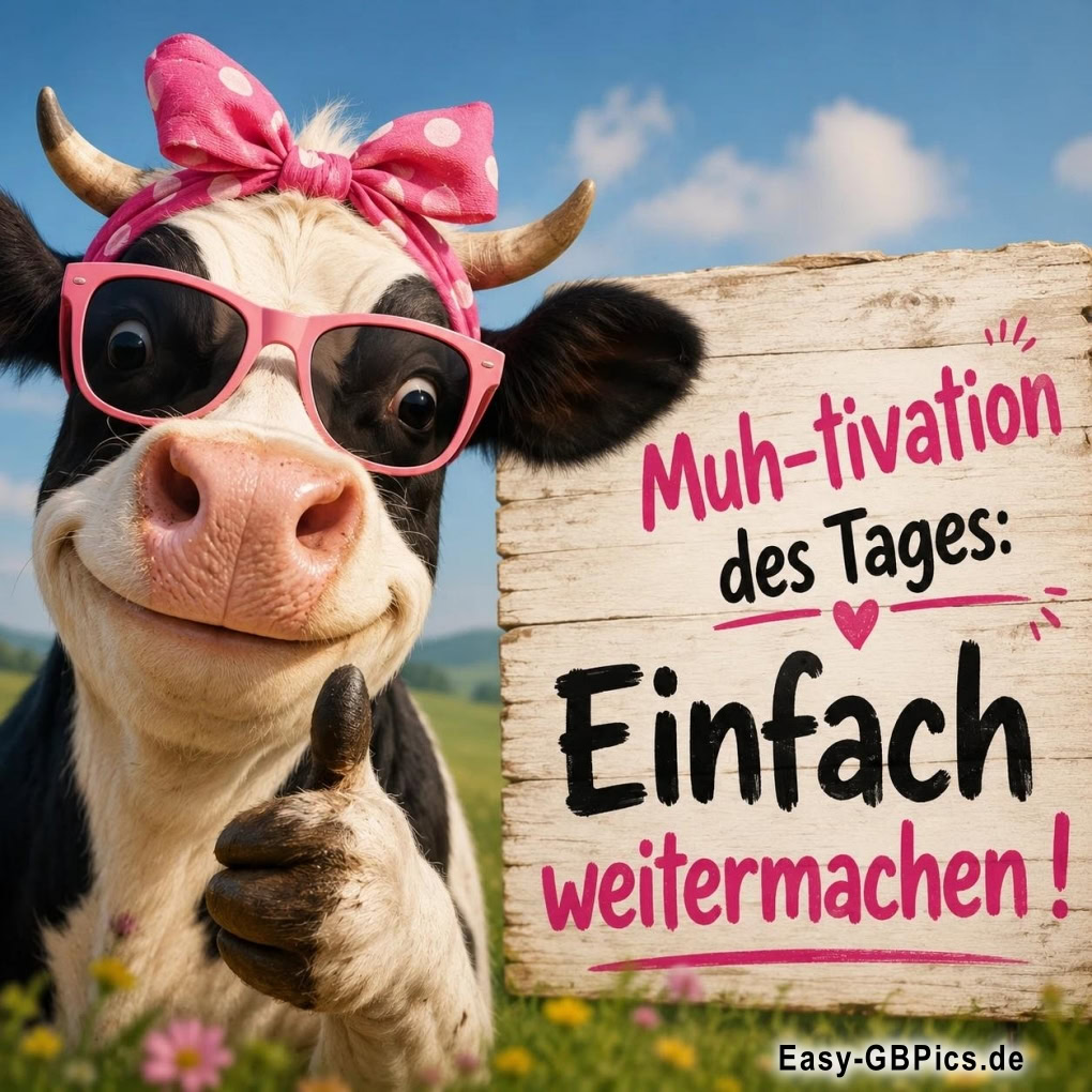 Eine lustige Kuh mit Sonnenbrille und Schleife gibt einen Daumen hoch neben einem Schild mit der Aufschrift 