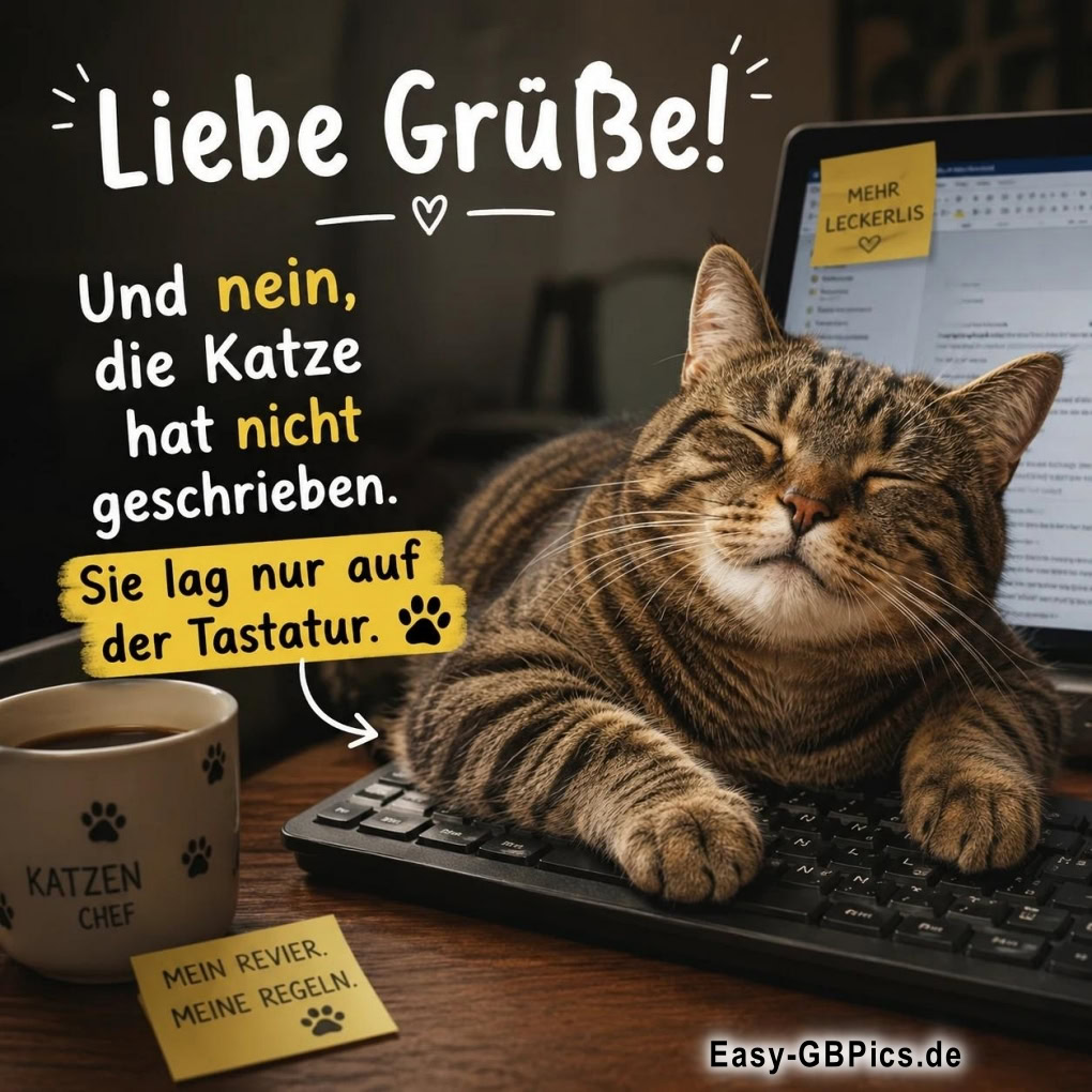 Ein niedlicher Kater liegt auf einer Tastatur, mit einer Tasse Kaffee und Notizzetteln auf einem Schreibtisch. Der Text im Bild besagt: Liebe Grüße! Und nein, die Katze hat nicht geschrieben. Sie lag nur auf der Tastatur.