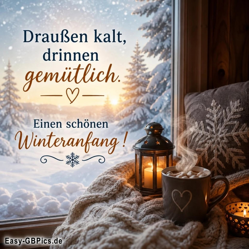 Das Bild zeigt eine gemütliche Winterszene am Fenster mit verschneiten Bäumen im Hintergrund. Ein heißes Getränk und eine Kerze sorgen für Wärme und ein schönes Ambiente.