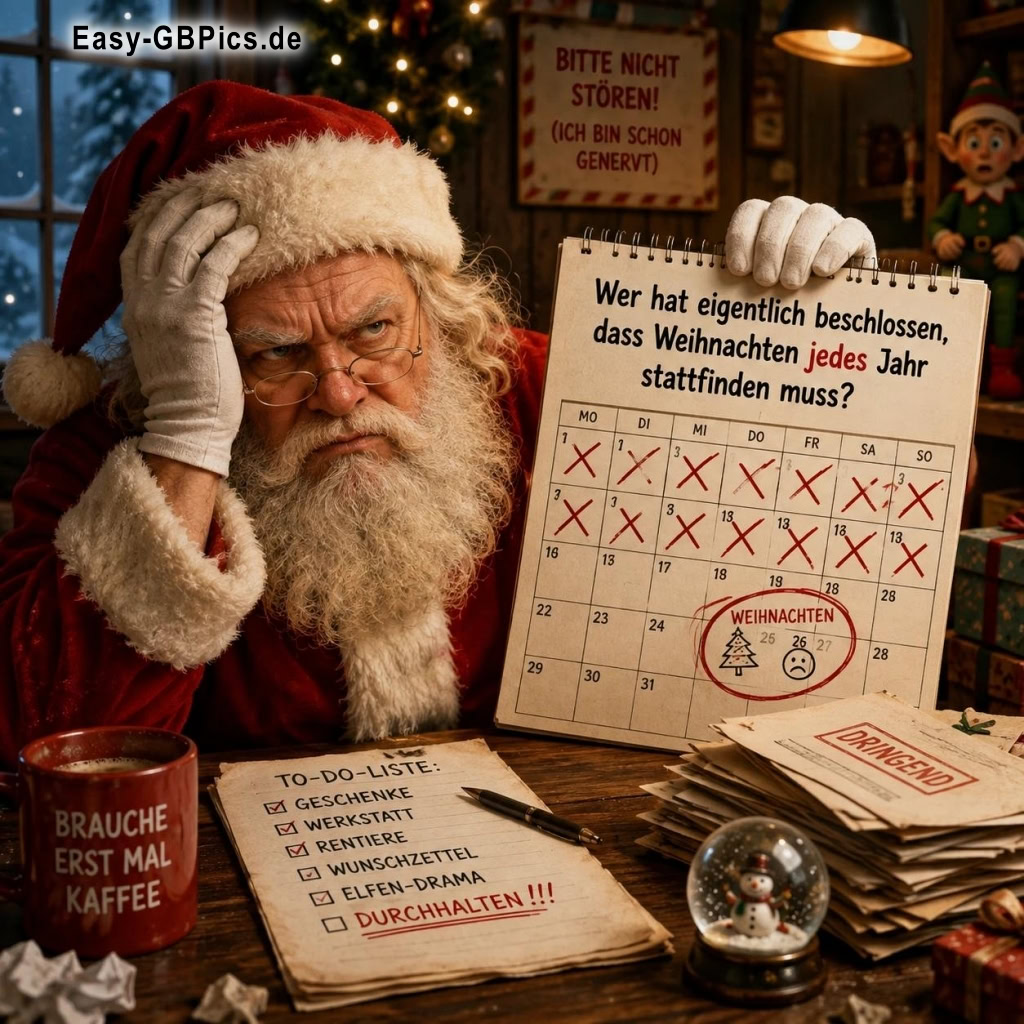 Ein genervter Weihnachtsmann sitzt mit einem Kalender und einer To-Do-Liste, die übermäßige Arbeit für Weihnachten zeigt, am Tisch.<br />
Die Geschenke sind nicht das Problem, es ist das Jahr für Jahr.