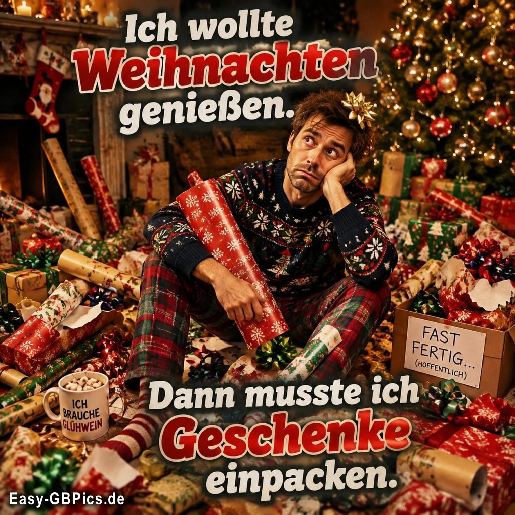 Ein Mann sitzt genervt inmitten von Geschenkpapier und Weihnachtskugeln und hat die Aufgabe, Geschenke einzupacken, anstatt Weihnachten zu genießen. Der Text lautet: 