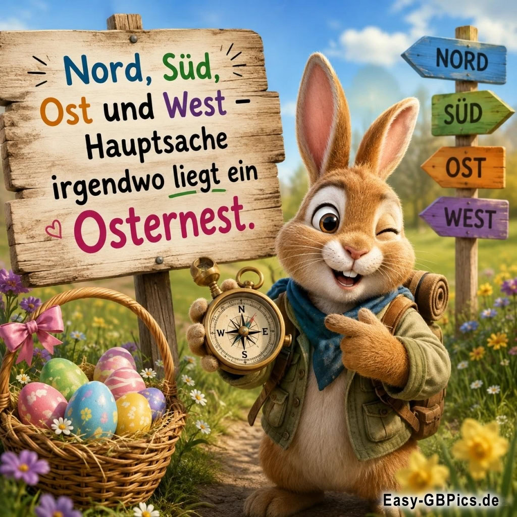 Ein Osterhase mit Kompass und Rucksack zeigt auf ein Osterarrangement. Auf einem Schild steht: 