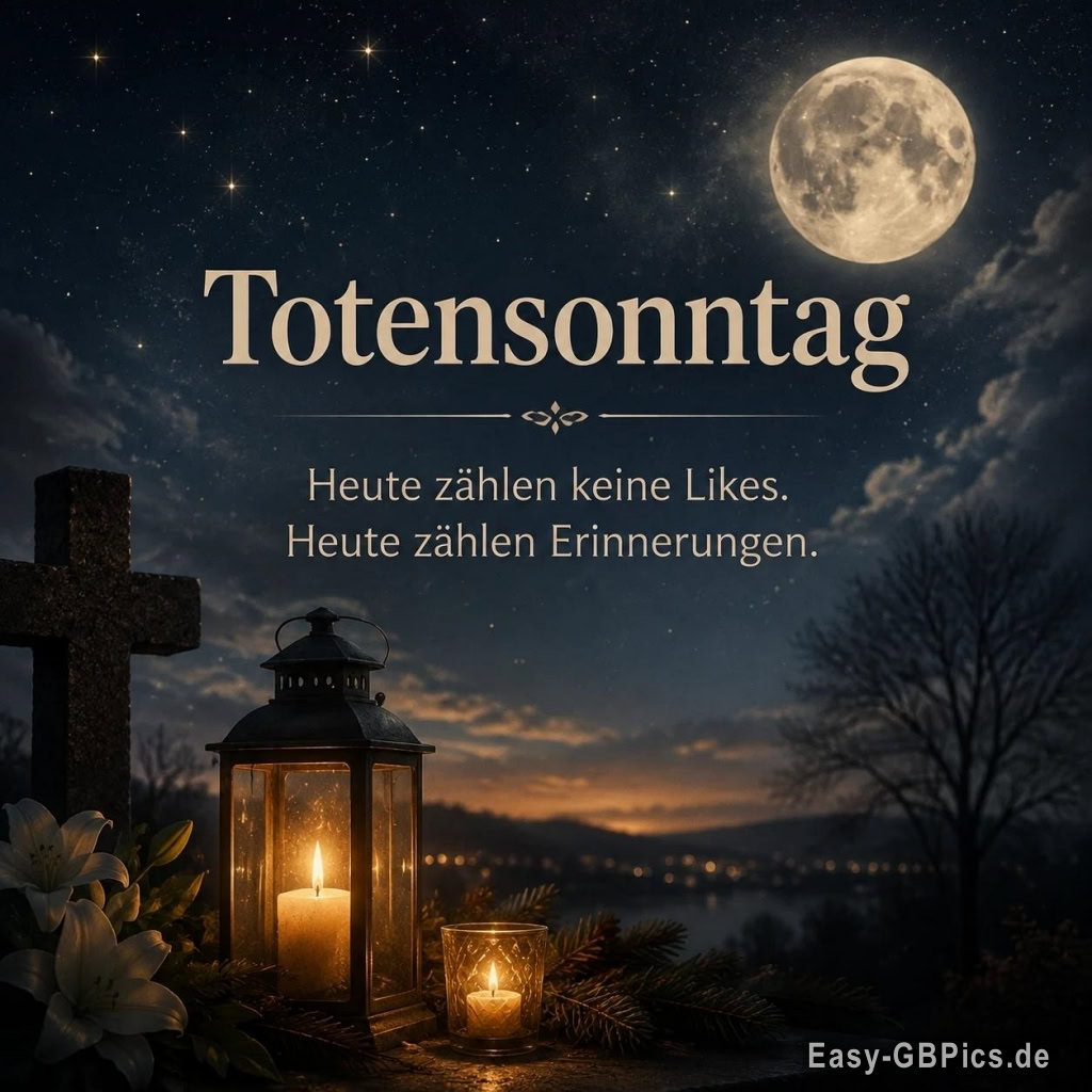 Das Bild zeigt eine Kerze in einer Laterne und eine weitere Kerze in einem Glas, neben einem Kreuz und Blumen. Der Text lautet 