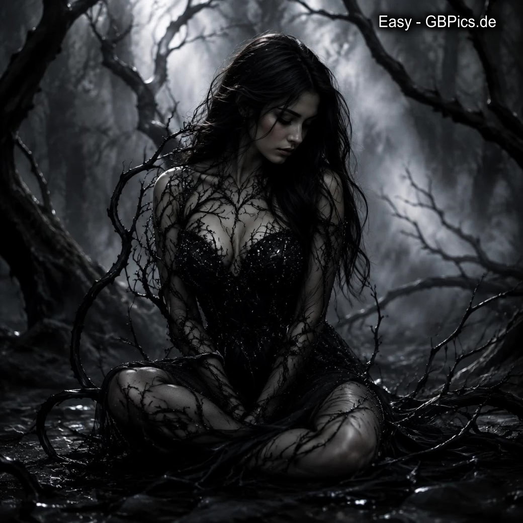 Eine junge Frau in einem schwarzen Kleid sitzt in einer düsteren Waldlandschaft.<br />
Ihre Pose und der Hintergrund erzeugen eine mysteriöse und melancholische Atmosphäre.<br />
Im Schatten der Nacht, eine Melancholie, gefangen in Träumen, eine mystische Fee.<br />
Die Dunkelheit umarmt sie, ein sanfter Hauch, in den Tiefen ihrer Seele, ein leises Raunen.