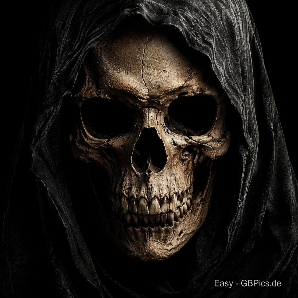 Das Bild zeigt einen eng fokussierten, unheimlichen Totenkopf in einer dunklen Robe. Der Totenkopf ist der zentrale Punkt und scheint direkt auf den Betrachter zu blicken.<br />
Ein Blick in die Tiefe, die Maske des Todes, Schatten und Knochen. Wo das Leben endet, beginnt die Ewigkeit.