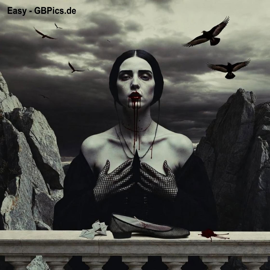 Eine junge Frau mit dunklen Federn und einem blutigen Mund sitzt vor einem dramatischen Himmel. Neben ihr stehen zwei herzförmige Fläschchen.<br />
Wo Schatten tanzen und Liebe blutet, die Melancholie des schwarzen Engels.<br />
Ein Herz aus Blut und Sehnsucht, Geflüster des Abends, süß und traurig.