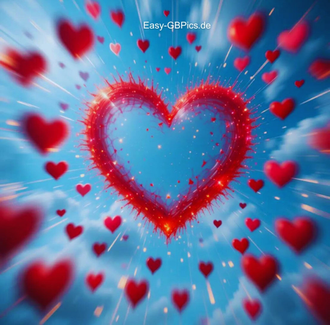 Herzen im Himmel Ein herzförmiger Funkenregen in Rot hebt sich vom strahlend blauen Himmel ab, umgeben von kleineren roten Herzen. Flauschige Wolken im Hintergrund verleihen dem Bild eine verträumte, romantische Atmosphäre. Das Ganze strahlt Liebe und Glück aus.