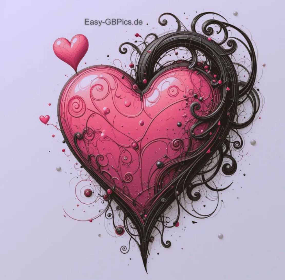 Herz GB-Bild Ein pinkfarbenes, glänzendes Herz mit filigranen schwarzen Wirbeln und Punkten prangt auf weißem Hintergrund. Links schwebt ein kleineres pinkfarbenes Herz. Das Design besticht durch einen modernen, künstlerischen Stil mit verschnörkelten Linien und Formen und verströmt eine verspielte, romantische Atmosphäre.