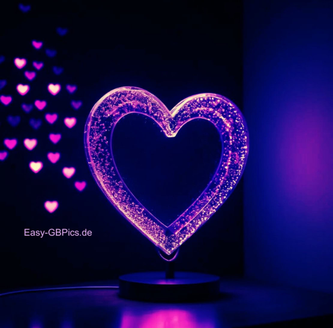 Herz Gästebuchbild<br />
Ein leuchtendes Herz aus lila-pinken Leuchtelementen steht auf einem runden Ständer. Es ist von einem schwarzen Hintergrund umgeben, auf dem viele kleinere, pinkfarbene Herzen leuchten.