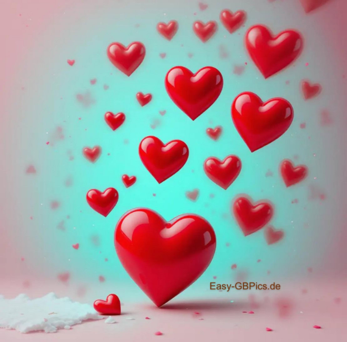 Herzen GB-Bild: Vor türkisfarbenem Hintergrund schweben unzählige schimmernde rote Herzen, einige liegen verstreut auf dem Boden. Ein einzelnes großes Herz zieht alle Blicke auf sich, während die anderen im Bild verteilt sind und eine verspielte, romantische Atmosphäre schaffen.