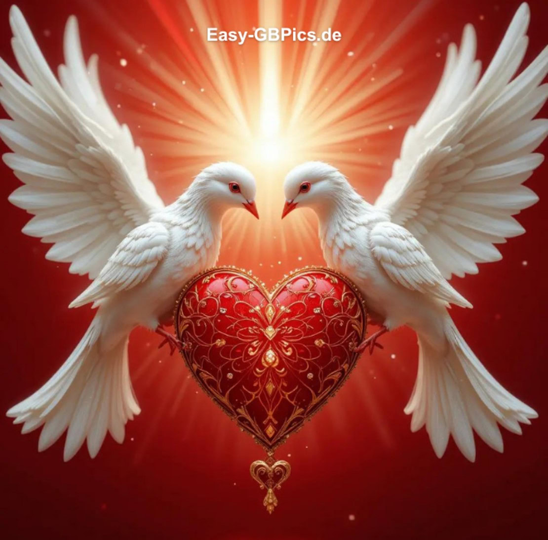 Tauben auf einem Herz Zwei weiße Tauben sitzen zu beiden Seiten eines schicken roten Herzens mit goldenen Verzierungen vor einem feuerroten Hintergrund, der hell angestrahlt wird. Die Tauben blicken einander an und strahlen Liebe und Frieden aus.