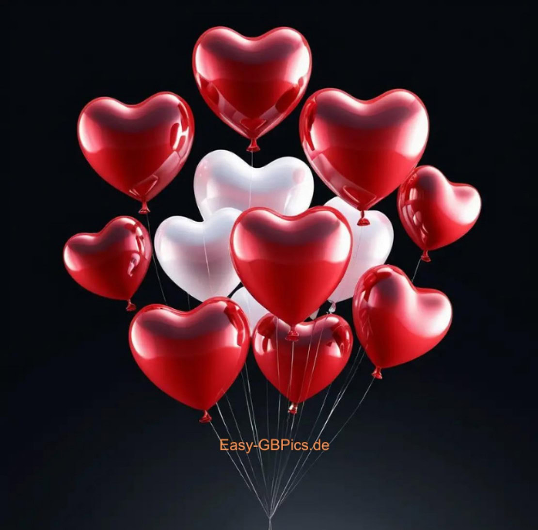 Herzen GB-Bild: Ein Meer aus glänzenden, roten und weißen, herzförmigen Ballons platzt vor dunklem Hintergrund. Die roten Ballons stechen im Vordergrund hervor, während die weißen im Hintergrund etwas zurückhaltender wirken. Die gesamte Szene wirkt hell und farbenfroh.