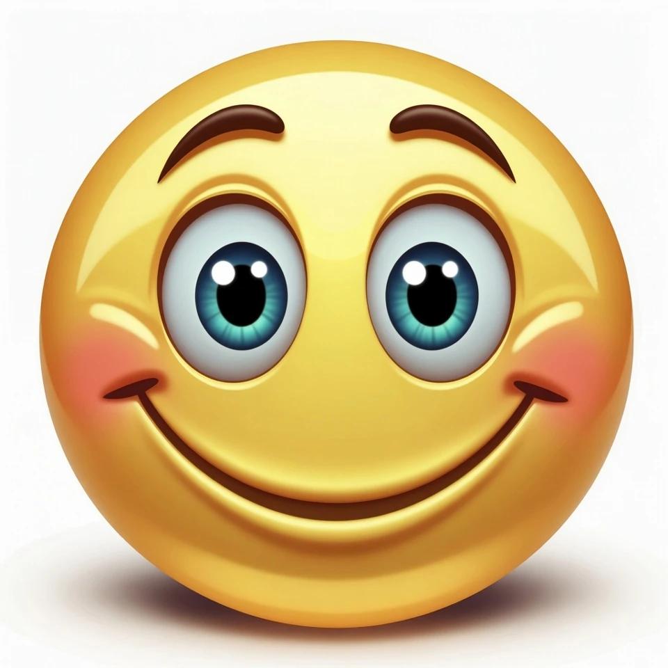 Ein gelber Smiley mit großen, blauen Augen und rosafarbenen Wangen lächelt breit. Er hat auch dunkle, geschwungene Augenbrauen und eine deutliche Mundlinie, die Freude ausdrückt.