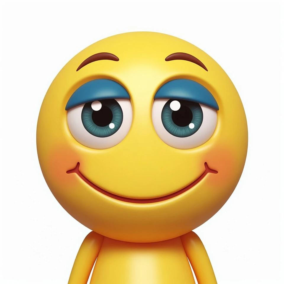 Ein gelbes Emoji mit großen blauen Augen und einem breiten Lächeln ist frontal abgebildet. Das Emoji hat rosafarbene Wangen und braune Augenbrauen.