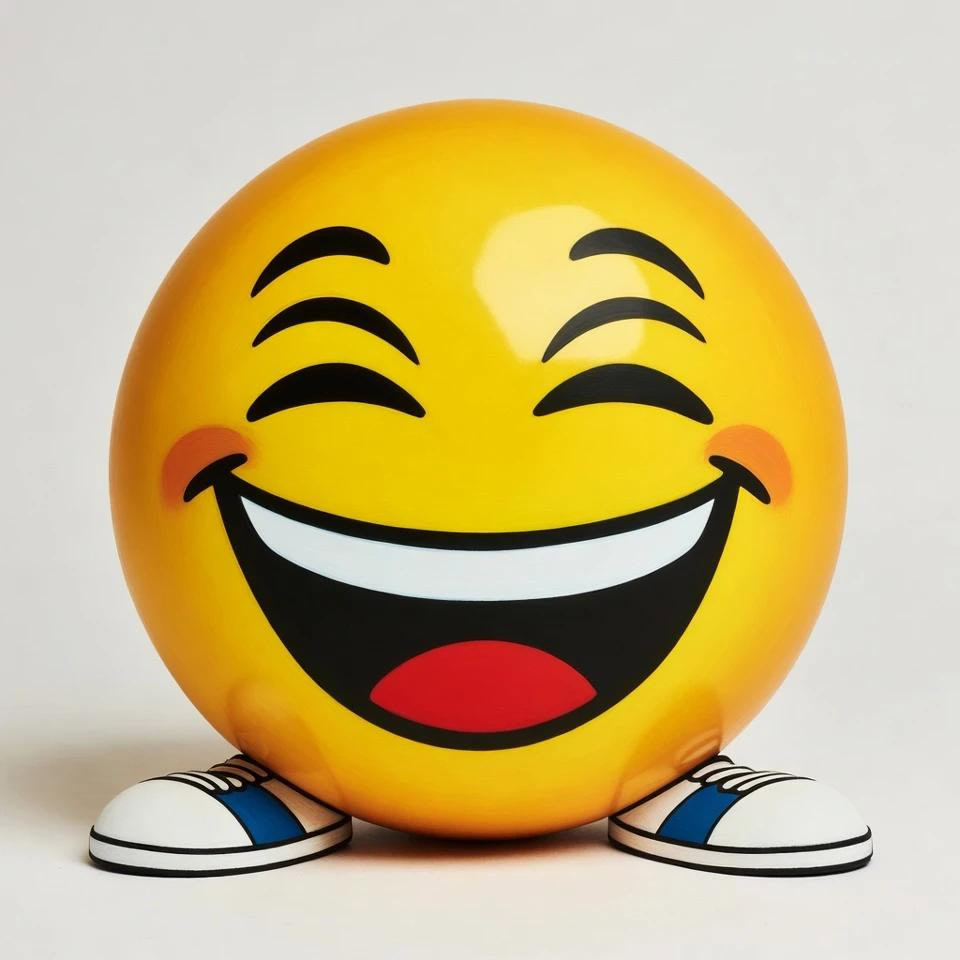 Ein großes, gelbes Smiley Emoji mit geschlossenen, lachenden Augen und einem breiten Grinsen steht auf weißen Turnschuhen. Es hat rote Wangen und eine rote Zunge.