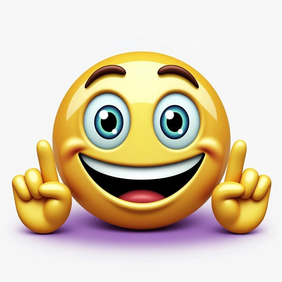 Ein gelbes Emoji mit großen blauen Augen und einem breiten Lächeln hebt beide Zeigefinger. Es wirkt fröhlich und aufmerksam.