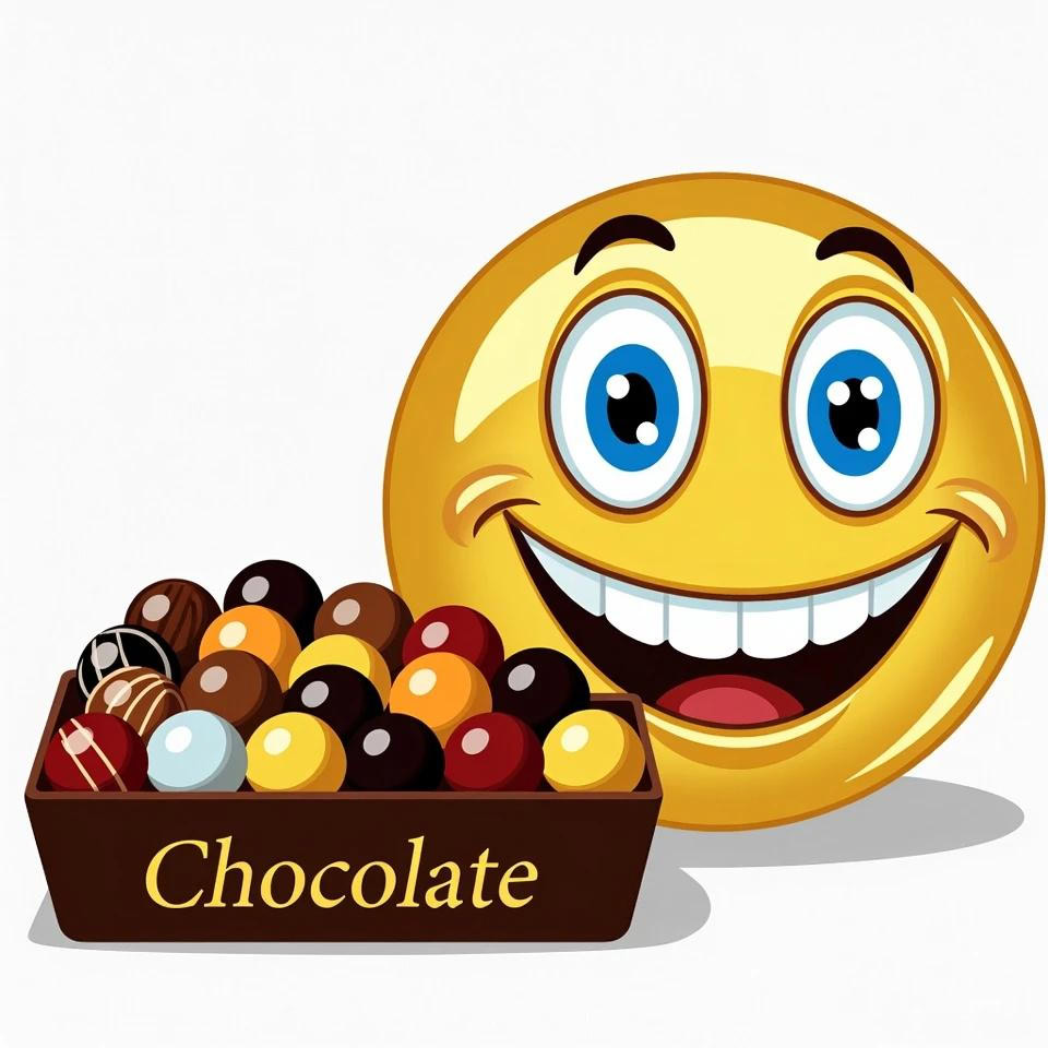 Ein lächelndes Emoji blickt auf eine Schachtel mit Pralinen. Die Schachtel ist mit 