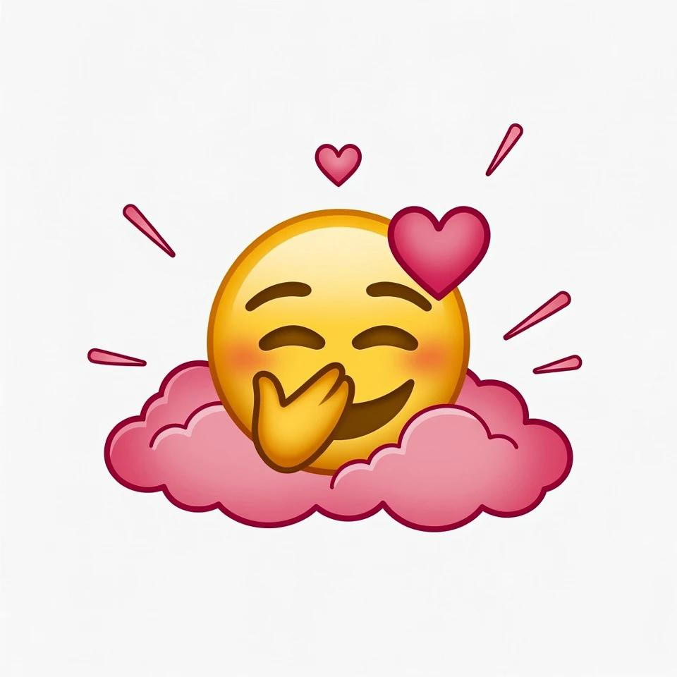 Ein lachendes Smiley Emoji mit einer Hand vor dem Mund und einem Herz sitzt auf einer rosa Wolke. Um das Smiley herum sind kleine rote Striche und Herzen verteilt.