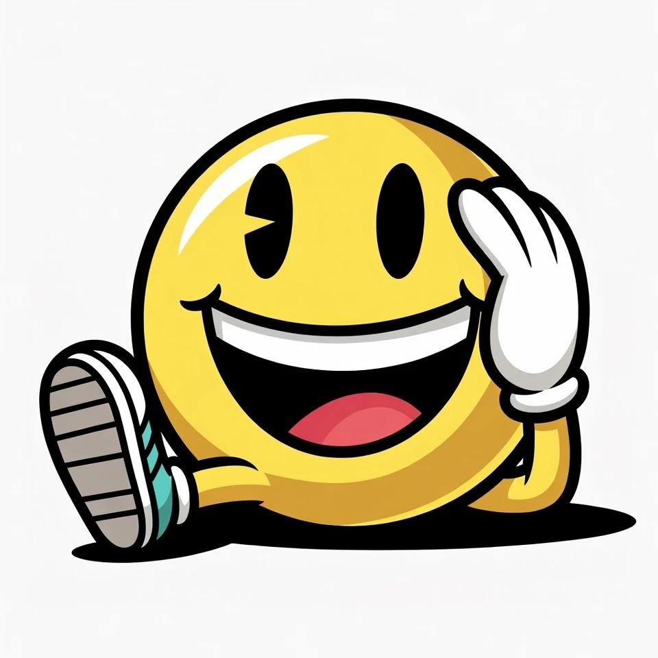 Ein fröhliches Smiley-Gesicht sitzt, hebt eine Hand zum Gruß und trägt ein Paar Turnschuhe.