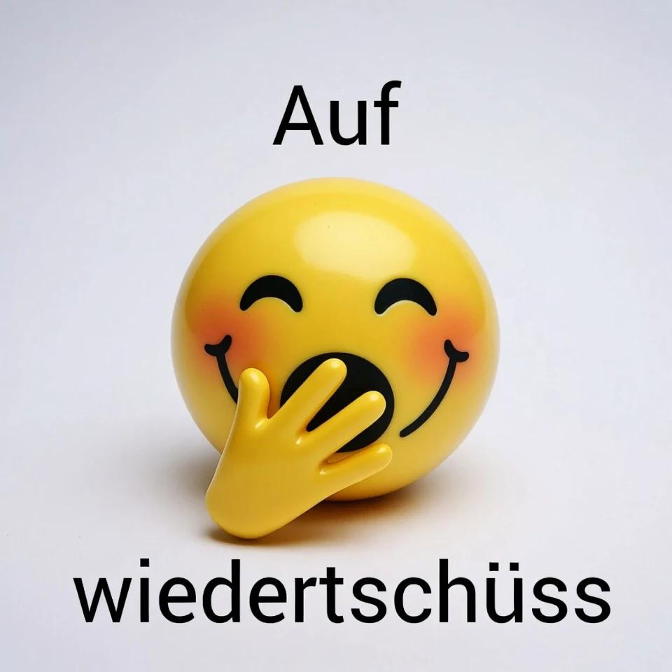 Ein gelbes Smiley-Gesicht mit geschlossenen Augen und Wangenröte hält eine Hand vor den Mund. Darüber steht das Wort 