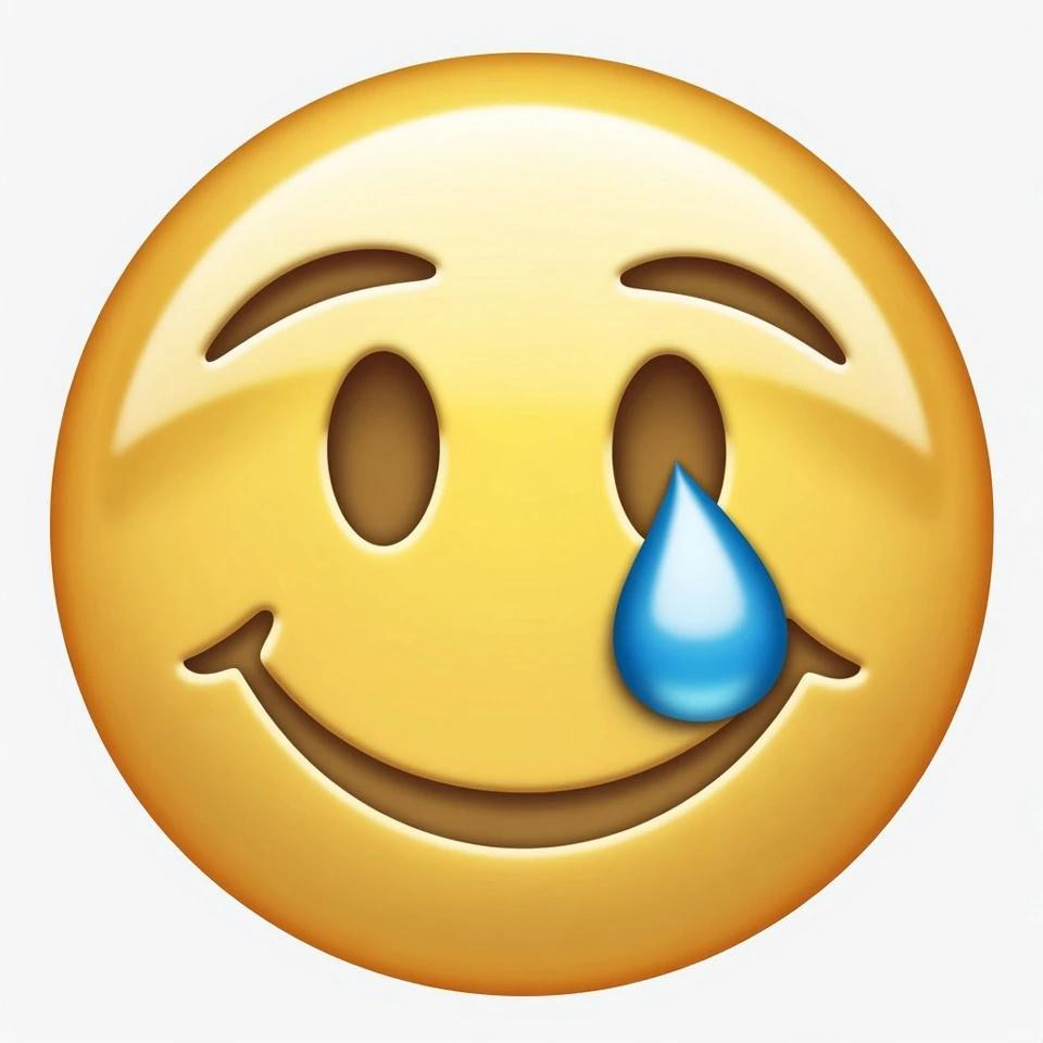 Ein gelbes Smiley-Gesicht mit geschlossenen Augen und einem breiten Lächeln, aber einer einzelnen blauen Träne, die aus dem rechten Auge fließt. Es drückt eine Mischung aus Freude und Traurigkeit aus.<br />
Der Moment, wenn alles zu viel wird, aber man trotzdem weitermacht.