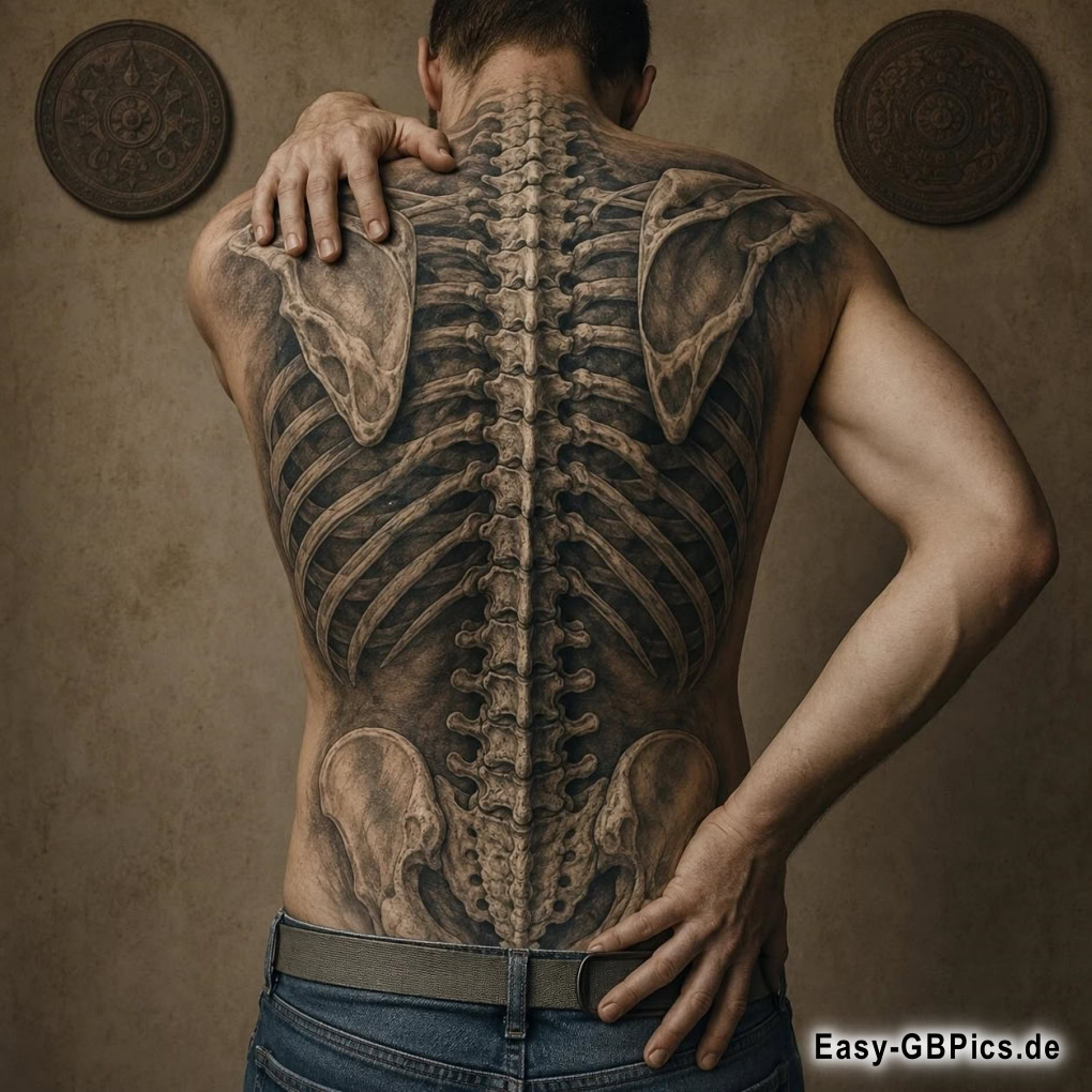Skelett-Kunst auf höchstem Niveau, mein Rückgrat für immer festgehalten.<br />
Eine tiefe Verbindung zur Anatomie, die Kunst des menschlichen Skeletts auf meiner Haut.<br />
Mehr als nur ein Tattoo, eine zweite Haut. Die Stille der Knochen, die Geschichte meines Rückens.