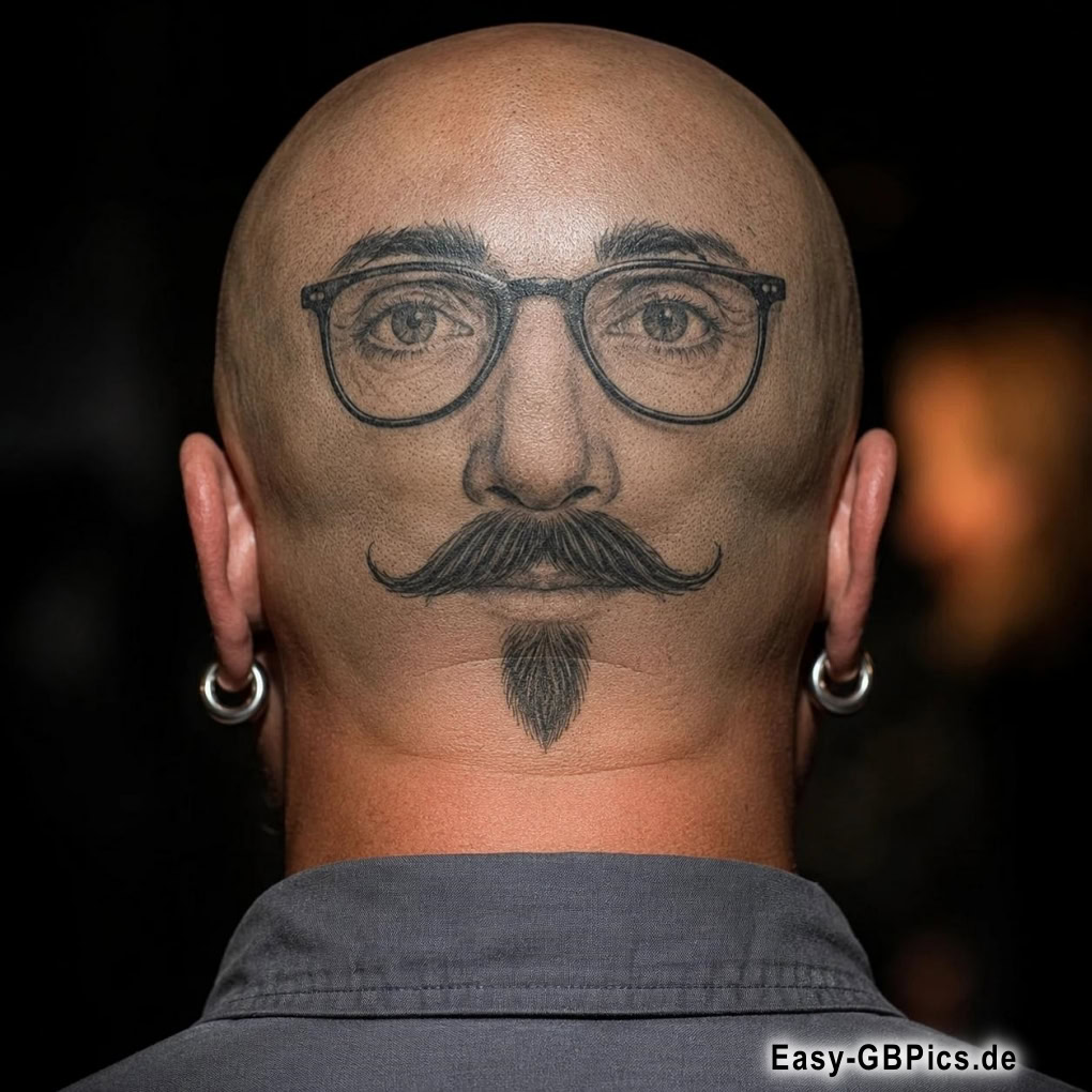 Der Mann mit dem Kopftattoo des Bartes und Schnurrbarts. Wer braucht schon ein Gesicht, wenn man einen Hinterkopf hat?<br />
Ein Kopftattoo, das wie ein Gesicht aussieht. Der Gentleman auf dem Hinterkopf, der Hinterkopf-Gärtner.<br />
Diese Tätowierung ist ein echter Hingucker! Sein neuer Look hat Köpfchen. Kopf-Akrobatik für Fortgeschrittene, das ultimative Tarnmanöver.