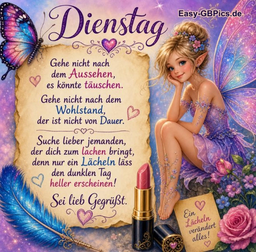 Dienstag. Gehe nicht nach dem Aussehen, es könnte täuschen. Gehe nicht nach dem Wohlstand, der ist nicht von Dauer.Suche lieber jemanden, der dich zum lachen bringt, denn nur ein Lächeln lässt den dunklen Tag heller erscheinen! Sei lieb Gegrüßt.
