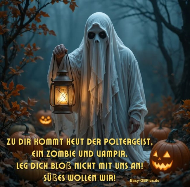Zu dir kommt heut der Poltergeist, ein Zombie und Vampir. <br />
Leg dich bloß nicht mit uns an! Süßes wollen wir!