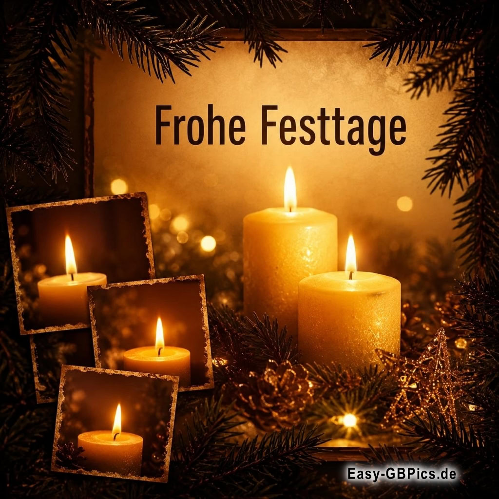 Besinnliche Festtage voller Wärme und Freude wünsche ich dir.<br />
Die Kerzen leuchten, die Zeit ist reif: Frohe Festtage!<br />
Ein Lichtblick in der dunklen Jahreszeit. Geniesse die Festtage!
