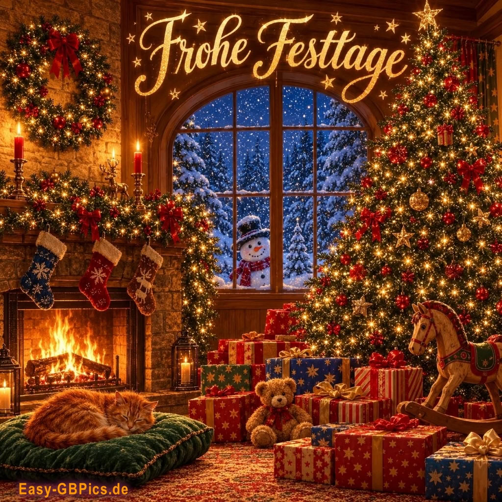 Weihnachtszauber pur: Der Kamin knistert, der Baum funkelt, und draußen tanzen die Schneeflocken.<br />
Mehr als nur Geschenke: Die wahren Freuden der Weihnachtszeit im warmen Schein des Kamins.<br />
Dieses Bild schreit 