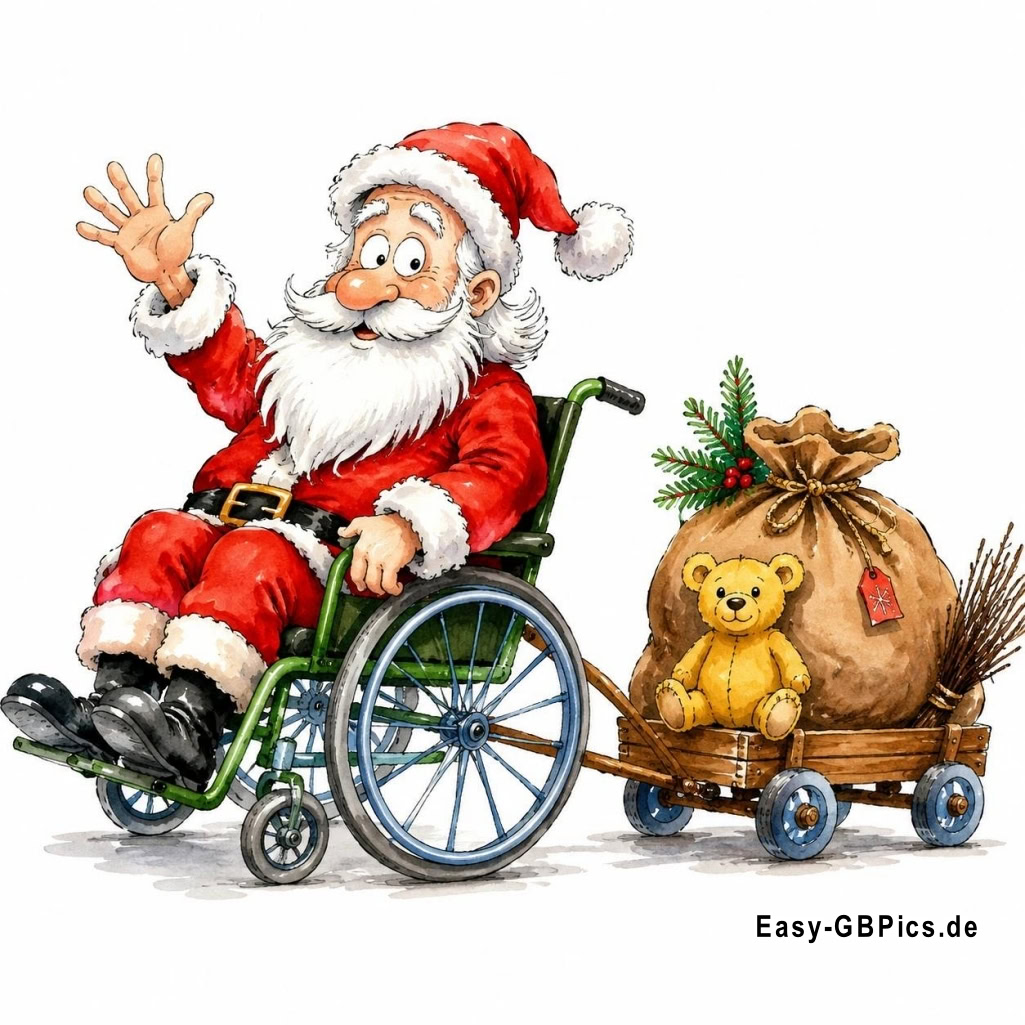 Weihnachten ist für alle da! Geschenke für alle, egal wer du bist!<br />
Weihnachtsmann im Rollstuhl: Die Magie der Feiertage ist unaufhaltsam.<br />
Jeder verdient ein Lächeln an Weihnachten. Frohe Weihnachten von einem besonderen Weihnachtsmann.<br />
Der Weihnachtsmann ist bereit für die Lieferung, egal wie. Frohe Feiertage!