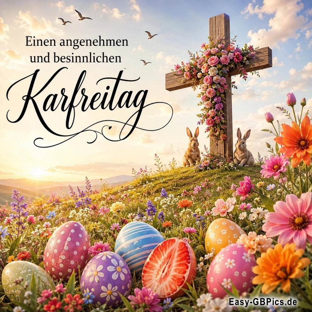 Einen gesegneten Karfreitag voller Hoffnung und Besinnlichkeit.<br />
Ostern naht! Wir wünschen einen friedlichen Karfreitag im Kreise von Lieben und in Gedanken an das, was wirklich zählt.<br />
Die Sonne geht auf über einem Feld voller Ostereier und Blumen – Ein frohes und besinnliches Karfreitag-Bild.<br />
Karfreitag: Ein Tag der Stille, der Besinnung und der Vorfreude auf das Osterfest.<br />
Mit bunten Eiern, süßen Beeren und einem blumengeschmückten Kreuz – Ein schöner Karfreitag-Gruß für Sie.