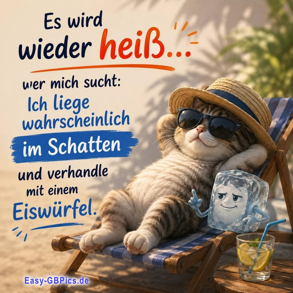 Es wird wieder heiß... Wer mich sucht: Ich liege wahrscheinlich im Schatten und verhandle mit einem Eiswürfel.
