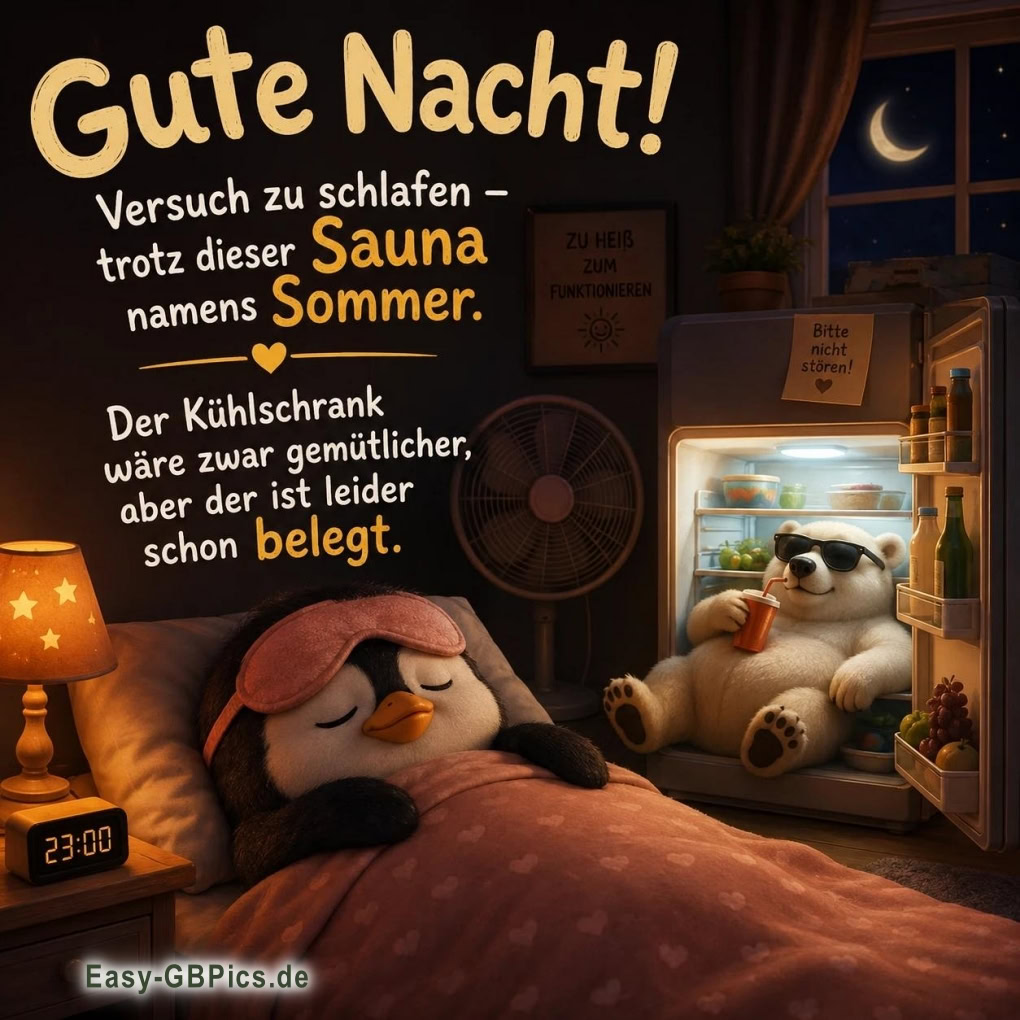 Gute Nacht! Versuch zu schlafen – trotz dieser Sauna namens Sommer. Der Kühlschrank wäre zwar gemütlicher, aber der ist leider schon belegt.